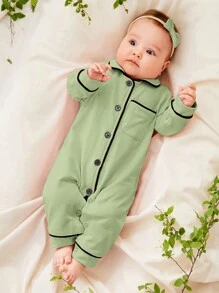 Cozy Pixies Newborn Baby Girl Contrast Binding Button Front Jumpsuit - Lime Green - View 4
