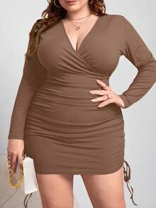 SHEIN Privé Plus Size Long Sleeve Bodycon Dress - Khaki - View 4