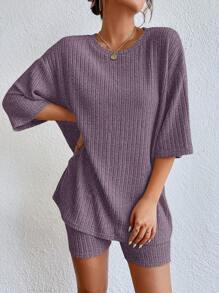 SHEIN Essnce Bộ 2 món dành cho nữ Áo cổ tròn màu trơn đơn giản và quần short thoải mái vừa vặn - Màu tím  Violet - Xem 5