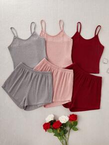 Set de pijama con camiseta de tirantes y shorts de mujer de unicolor acanalado - Multicolor - Ver 5