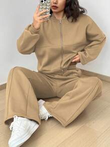 Flirla Women Street Style Camouflage Maple Leaf Print Zipper Sweatshirt & Pants Set For Autumn/Winter - Khaki - View 5