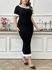 Modelyn Đầm len bó sát cổ tròn tay ngắn xếp nếp mùa hè cỡ lớn cho nữ, đầm len dài dự tiệc cổ điển cơ bản thanh lịch, đầm len dài mặc trong và mặc ngoài mùa thu đông - Đen và trắng - Xem 4