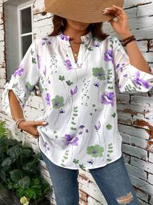 SHEIN LUNE Blusa de manga corta sencilla de diario con estampado floral para mujer talla grande - Multicolor - Ver 4