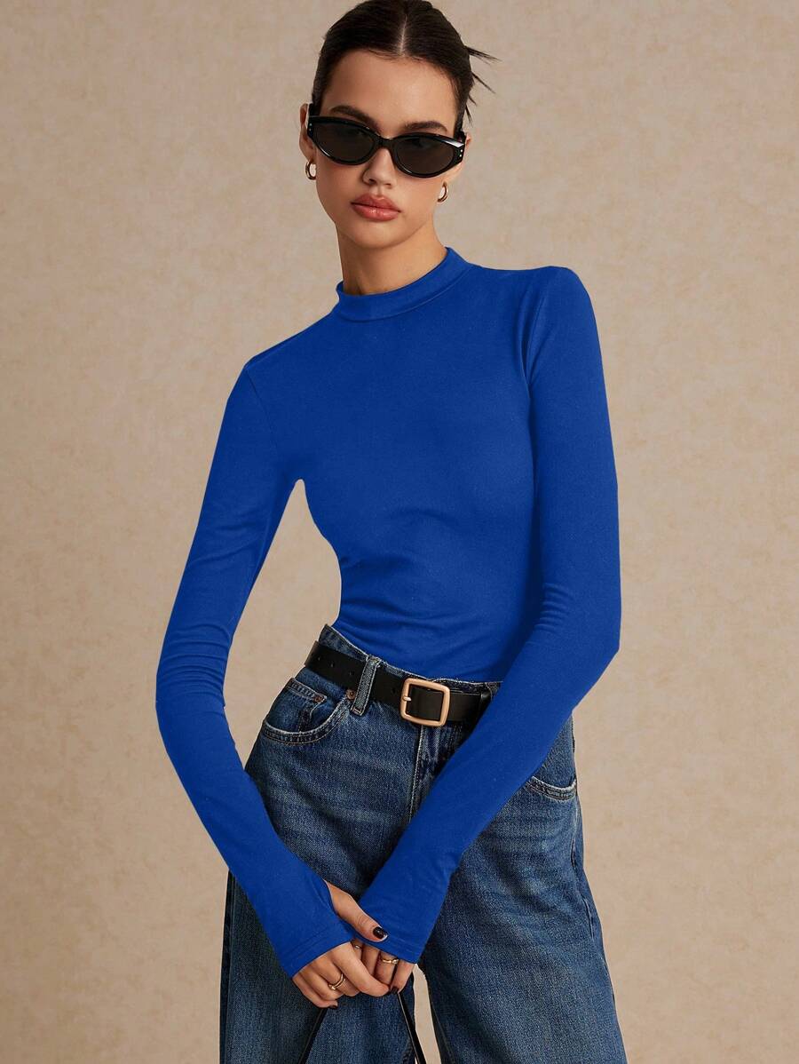 Poéselle Solid Mock Neck Tee, Bottoming Tee, Long Sleeve, Basic Tee - Royal Blue - View 1