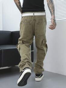 Manfinity EMRG Jeans de mezclilla con cinturón de estilo retro con bolsillos para hombres - Verde Oliva - Ver 2