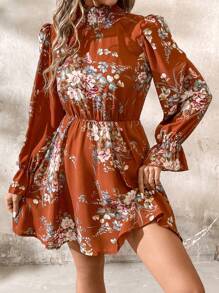 SHEIN Clasi Women's Autumn Long Sleeve Short Dress Fall Clothes - Rust Brown - View 3