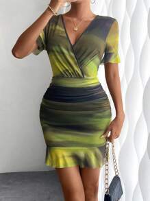 Chiquease Women V-Neck Short Sleeve Waist Ruched All-Over Print Fitted Elegant Dress, Random Floral Design - Multicolor - View 6