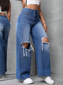 SHEIN EZwear Women Casual Distressed Straight Leg Jeans, Blue - Blue - View 4