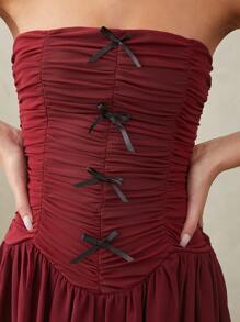 L'Amorae Women's Lace And Chiffon Dress With Ruching, Tiers, And Bows