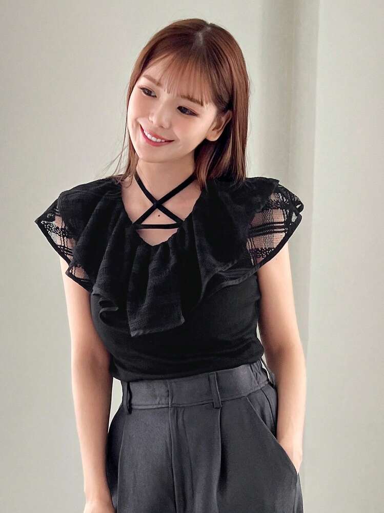 FRIFUL 여성용 레이스 인서트 꽃 라운드 넥 티셔츠