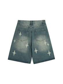 ROMWE MEN Street Life Men's Star & Dot Printed Denim Shorts, Summer, School - Blue - View 2