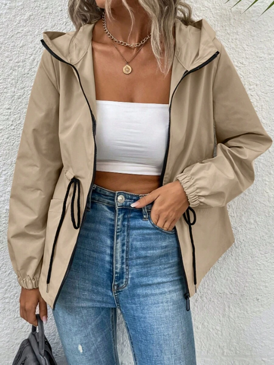 EMERY ROSE Women's Solid Color Casual Hooded Drawstring Long Sleeve Jacket Fall Winter Cloth For Women