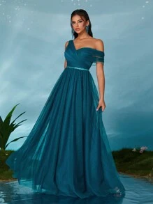 不对称亮片腰带网纱A字伴娘礼服，优雅春季婚礼礼服 - 水鴨藍 - 查看 4