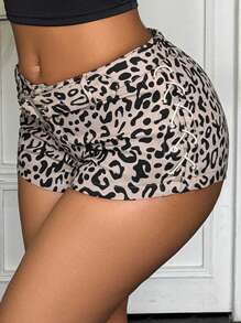 Zolique Women Summer Fashion Leopard Print Elastic Bandage Low Waist Mini Shorts - Khaki - View 3