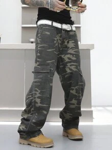 Manfinity EMRG Men's Button Waist Belt Loop Camo Design Casual Denim Jeans, Camo Long Baggy Washed Cargo Jeans, For Husband, Boyfriend Gifts Going Out Disco Party Vacation Street - Army Green - View 5