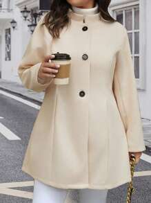 SHEIN LUNE Plus Size Women's Elegant Front Button Long Sleeve Overcoat, Suitable For Autumn & Winter
