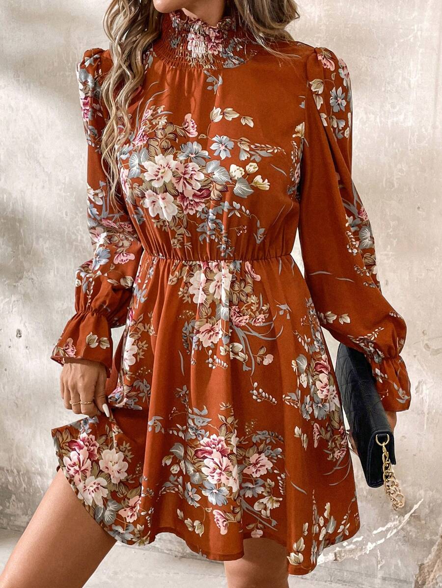 SHEIN Clasi Women's Autumn Long Sleeve Short Dress Fall Clothes - Rust Brown - View 1