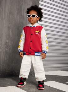 SHEIN 2pcs Young Boys' Fashion Sporty Casual Colorblock Print Baseball Jacket With Vintage Washed Jeans Set, For Sports, Daily Wear, Outdoor, School