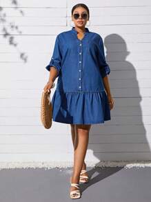 SHEIN CURVE+ Plus Size Denim Non-Stretch Sexy Fashion Dress - Blue - View 2