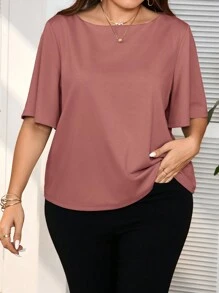 SHEIN Frenchy 大码圆领短袖纯色休闲宽松 T 恤 - 藕粉色 - 查看 5