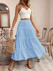 SHEIN Frenchy Falda larga con volantes, escalonada y fruncida en la cintura, de tela con textura, elegante, linda, para vacaciones de verano, de unicolor, estilo bohemio chic - Celeste - Ver 4