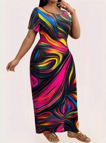 Maweii 大码方领短袖彩色连衣裙，休闲/度假