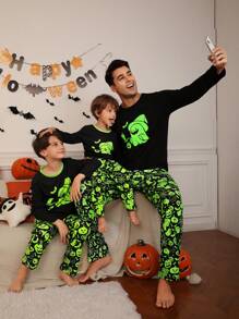 SHEIN Young Boys Halloween Cartoon Pattern Long Sleeve Knitted Sleepwear Set, Flame Retardant, 2pcs Pajama Set (3 Sets Sold Separately, Daddy & Me Matching Outfits)