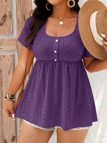 SHEIN LUNE Plus Size Vacation Casual Solid Color Hollow Out Embroidered T-Shirt