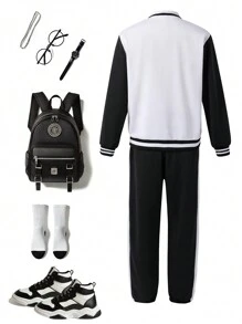 SHEIN Conjunto de 2 piezas de camisa polo de manga larga con bloques de color y pantalones para niño adolescente, estilo escolar de otoño/invierno, atuendos de vuelta al colegio