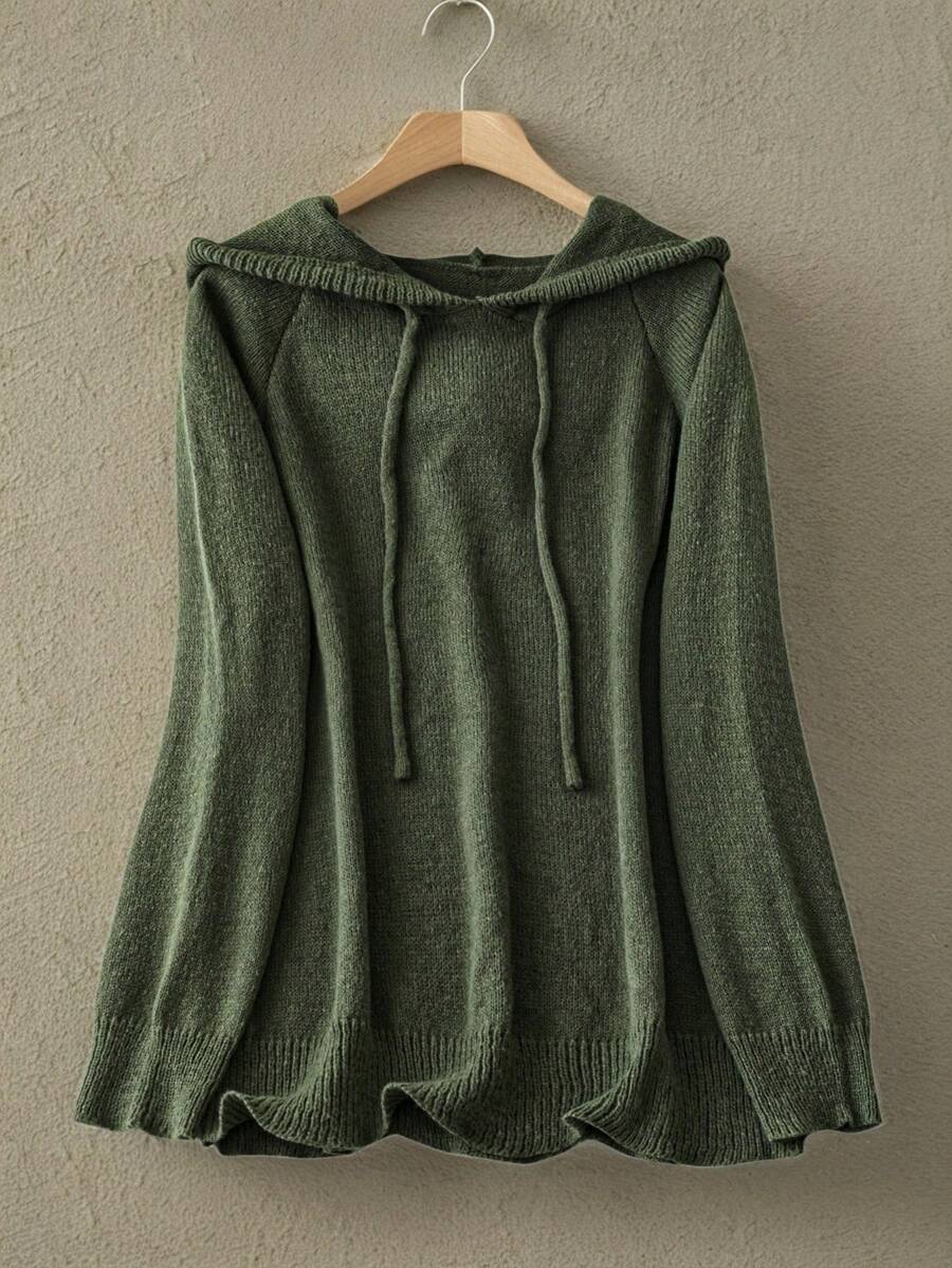 EMERY ROSE Plus Size Women's Solid Color Knitted Hooded Drawstring Raglan Sleeve Casual Pullover Sweatshirt, Minimalist Design, Autumn/Winter Fall - Dark Green - View 1