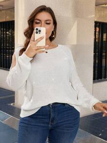 SHEIN LUNE Plus Solid Long Sleeve Rhinestone Sweater, Knit Pullover Fall Winter - White - View 6