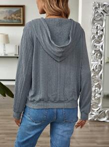 EMERY ROSE 女士纯色连帽长袖休闲日常时尚提花针织运动衫 - 藍色 - 查看 2