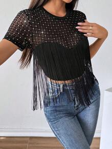 SHEIN Privé Top corto sexy con brillos y flecos para mujer