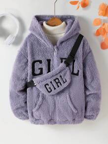 SHEIN Tween Girl Letter Print Hooded Zip Up Fleece Jacket, Autumn Winter - Purple - View 1