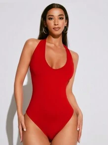SHEIN SXY Women Solid Color Red Halter Neck Bodysuit For Daily Wear - Red - View 1