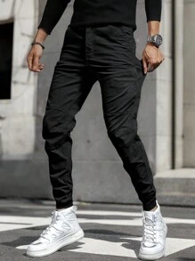 Manfinity Homme Men Solid Slant Pocket Trousers - Black - View 3