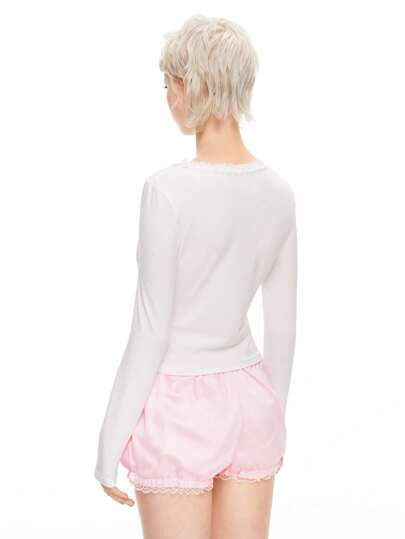 Kawaii Camiseta informal con lazo y encaje al estilo de bailarina para mujeres