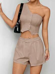 Flirla Women's Summer Solid Color Sleeveless Crop Top And Pleated Shorts Loose 2pcs Set