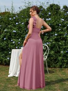 SHEIN Belle Elegant Shoulder Strap Floral Ruched A-Line Split Bridesmaid Dress (Adult) - Dusty Pink - View 4