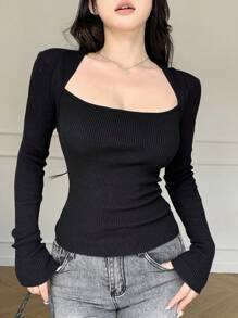 DAZY Áo len nữ cổ tròn dài tay ấm áp, thanh lịch, nhẹ nhàng, quyến rũ, quần áo mùa thu - màu đen - Xem 7