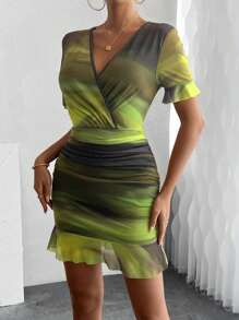 Chiquease Women V-Neck Short Sleeve Waist Ruched All-Over Print Fitted Elegant Dress, Random Floral Design - Multicolor - View 3