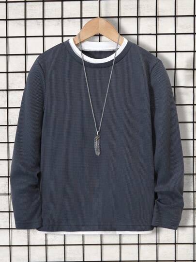 SHEIN 青少年男孩撞色边饰圆领长袖 T 恤，春秋季