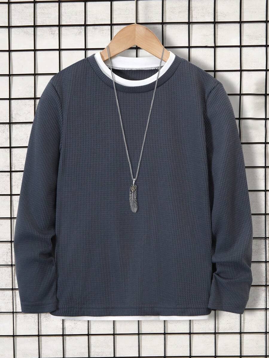 SHEIN Tween Boys Contrast Color Trim Crew Neck Long Sleeve T-Shirt, Spring Autumn, School, Campus, College Chic Outfits For Autumn/Winter