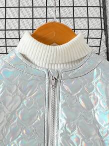 SHEIN 女孩可爱优雅甜美公主时尚百搭时尚适合秋冬季日常、聚会、节日派对、学校加厚金属涂层夹克 - 金色 - 查看 4