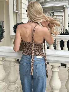 Áo croptop ôm sát gợi cảm họa tiết da báo dành cho nữ, thích hợp cho kỳ nghỉ xuân/hè. - màu nâu - Xem 2