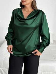 SHEIN Privé Camicia a maniche lunghe in raso con collo ampio, per donne taglie forti - Verde Scuro - Visualizzare 3