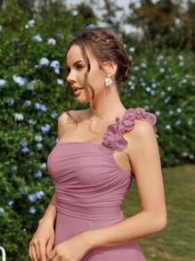 SHEIN Belle Elegant Shoulder Strap Floral Ruched A-Line Split Bridesmaid Dress (Adult) - Dusty Pink - View 7