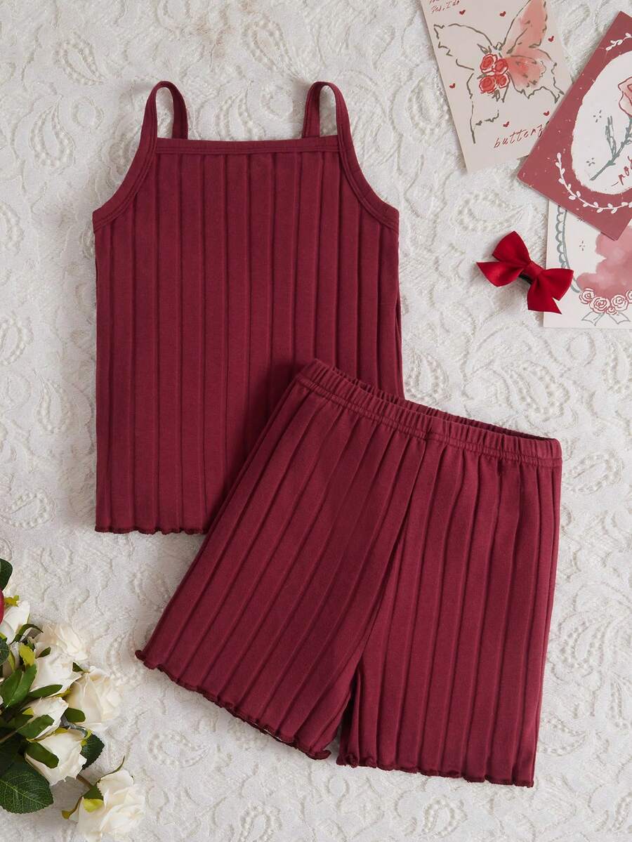 2pcs Toddler Girls' Rose Red Solid Color Camisole And Shorts Snug Fit Sleepwear Set - Rose Red - View 1