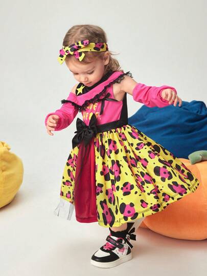 SHEIN 3 件套年轻女孩豹纹复古风格优雅连衣裙套装，配有头带和手套，适合万圣节派对