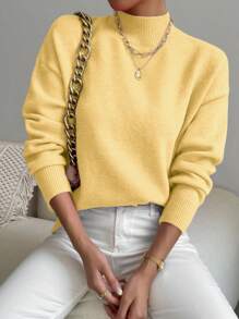 SHEIN LUNE Áo len nữ màu trơn tối giản cổ cao tay dài, kiểu dáng thường ngày, áo tay dài, áo len chui đầu mùa thu đông. - Màu vàng - Xem 5